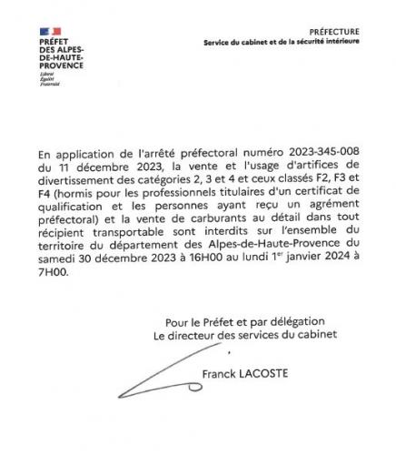 ARRETE PREFECTORAL PORTANT SUR LA REGLEMENTATION DE L'ACHAT ET LA VENTE DES ARTIFICES ET DE CARBURANT A L 'OCCASION DE LA SAINT SYLVESTRE
